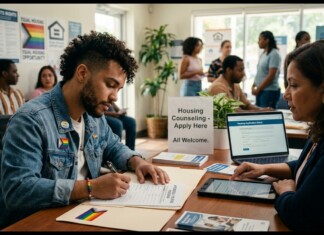 The Trump administration Proposes A Rollback of LGBTQ+ Housing Protections A man in a denim jacket signs a form at a desk labeled Housing Counseling — Apply Here; a counselor shows a tablet nearby in a crowded office.