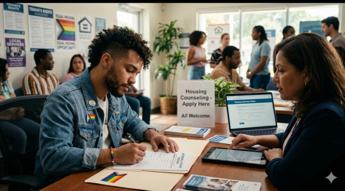 A man in a denim jacket signs a form at a desk labeled Housing Counseling — Apply Here; a counselor shows a tablet nearby in a crowded office.