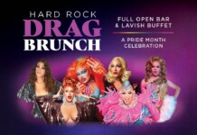 Promotional banner for Hard Rock Drag Brunch featuring five drag queens and Pride Month celebration text in a purple gradient background.