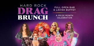 Promotional banner for Hard Rock Drag Brunch featuring five drag queens and Pride Month celebration text in a purple gradient background.