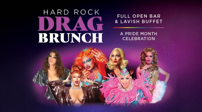 Promotional banner for Hard Rock Drag Brunch featuring five drag queens and Pride Month celebration text in a purple gradient background.