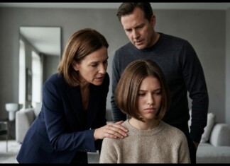 House Republicans Push Nationwide ‘Don’t Say Gay’ Bill Mother and father lean in to comfort their somber daughter seated in a modern living room, hand on her shoulder.",