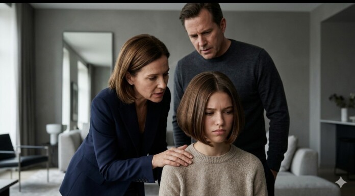 Mother and father lean in to comfort their somber daughter seated in a modern living room, hand on her shoulder.",
