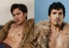 Split photo of two shirtless men in fur coats; left by a gray wall, right against a blue backdrop.