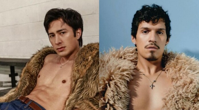Split photo of two shirtless men in fur coats; left by a gray wall, right against a blue backdrop.