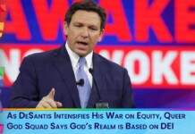 Male speaker in a navy suit delivers a televised speech, with a bold red backdrop and a blue caption bar reading: 'As DeSantis Intensifies His War on Equity, Queer God Squad Says God’s Realm is Based on DEI'