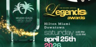 Poster announcing The Legends Awards 2026 at Hilton Miami Downtown; date April 25, with event times 6:00 PM–11:00 PM (Miami‑Dade LGBTQ+ Alliance logo). This indicates a charitable awards event in Miami.