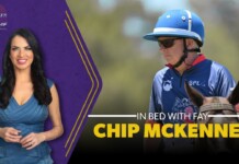 Chip McKenney joins FayWhat in Bed Thumbnail for a talk-show: Fay on the left in a blue dress against a purple backdrop, and Chip McKenney riding a horse on the right with bold text 'Chip McKenney' in yellow.