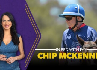 Thumbnail for a talk-show: Fay on the left in a blue dress against a purple backdrop, and Chip McKenney riding a horse on the right with bold text 'Chip McKenney' in yellow.