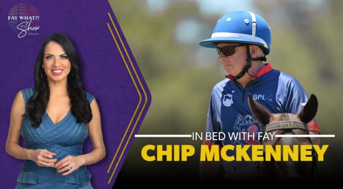 Thumbnail for a talk-show: Fay on the left in a blue dress against a purple backdrop, and Chip McKenney riding a horse on the right with bold text 'Chip McKenney' in yellow.