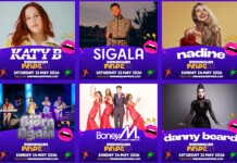 Birmingham Pride Director Plans Fully Free Festival for Landmark 30th Anniversary in 2027 Collage of six Birmingham Pride 2026 posters featuring Katy B, Sigala, Nadine, plus a band promo, Boney M, and Danny Beard on purple banners with lip artwork.