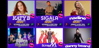 Collage of six Birmingham Pride 2026 posters featuring Katy B, Sigala, Nadine, plus a band promo, Boney M, and Danny Beard on purple banners with lip artwork.