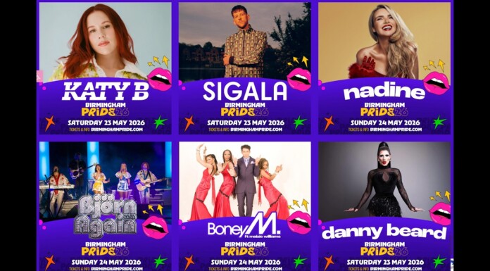 Birmingham Pride Director Plans Fully Free Festival for Landmark 30th Anniversary in 2027 Collage of six Birmingham Pride 2026 posters featuring Katy B, Sigala, Nadine, plus a band promo, Boney M, and Danny Beard on purple banners with lip artwork.