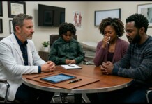 Doctor in a white coat talks with a family around a round table in a clinic, tablet and notes on the table in front of them.