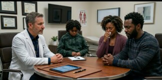 Doctor in a white coat talks with a family around a round table in a clinic, tablet and notes on the table in front of them.