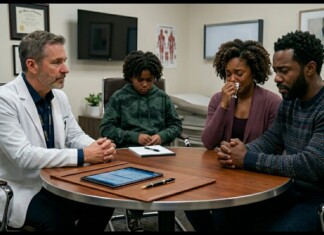 Doctor in a white coat talks with a family around a round table in a clinic, tablet and notes on the table in front of them.