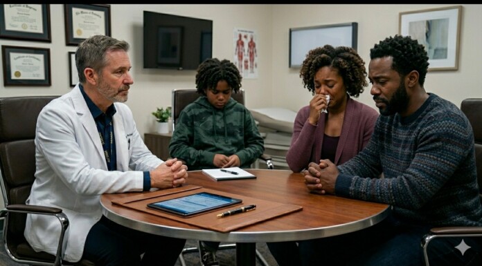 Doctor in a white coat talks with a family around a round table in a clinic, tablet and notes on the table in front of them.