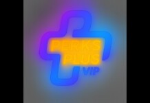 Neon sign with the words 'PERKS PLUS VIP' in yellow, outlined by a blue-purple cross shape and a colorful glow on a gray wall