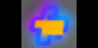 Neon sign with the words 'PERKS PLUS VIP' in yellow, outlined by a blue-purple cross shape and a colorful glow on a gray wall