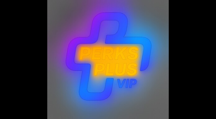 Neon sign with the words 'PERKS PLUS VIP' in yellow, outlined by a blue-purple cross shape and a colorful glow on a gray wall