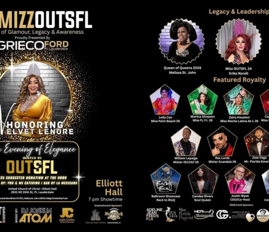 Event poster for Mizz OUTSFL honoring Velvet Lenore at Elliott Hall, May 4, 2026, with doors at 6 pm.