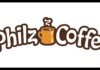 Philz Coffee logo with stylized brown letters and an orange steaming cup between the words Philz and Coffee.