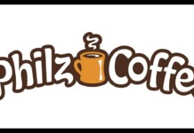 Philz Coffee logo with stylized brown letters and an orange steaming cup between the words Philz and Coffee.