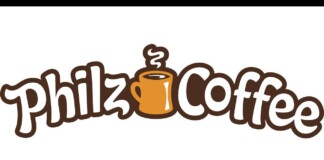 Philz Coffee logo with stylized brown letters and an orange steaming cup between the words Philz and Coffee.