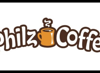 Philz Coffee logo with stylized brown letters and an orange steaming cup between the words Philz and Coffee.