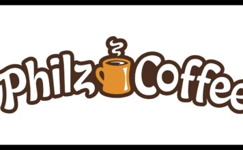 Philz Coffee logo with stylized brown letters and an orange steaming cup between the words Philz and Coffee.