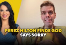 Video thumbnail featuring Perez Hilton on the right and a smiling woman on the left, with bold yellow title text reading “PEREZ HILTON FINDS GOD SAYS SORRY.”