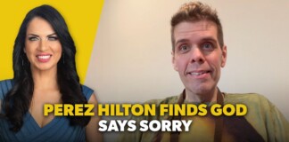 Video thumbnail featuring Perez Hilton on the right and a smiling woman on the left, with bold yellow title text reading “PEREZ HILTON FINDS GOD SAYS SORRY.”