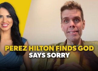 Video thumbnail featuring Perez Hilton on the right and a smiling woman on the left, with bold yellow title text reading “PEREZ HILTON FINDS GOD SAYS SORRY.”