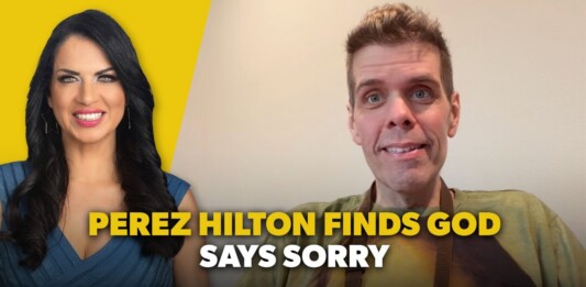 Video thumbnail featuring Perez Hilton on the right and a smiling woman on the left, with bold yellow title text reading “PEREZ HILTON FINDS GOD SAYS SORRY.”