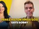 Video thumbnail featuring Perez Hilton on the right and a smiling woman on the left, with bold yellow title text reading “PEREZ HILTON FINDS GOD SAYS SORRY.”