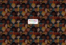 Decorative collage of diverse illustrated faces filling the frame, with a small central logo reading 'Happening Out'