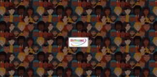 Decorative collage of diverse illustrated faces filling the frame, with a small central logo reading 'Happening Out'