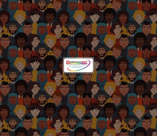 Decorative collage of diverse illustrated faces filling the frame, with a small central logo reading 'Happening Out'