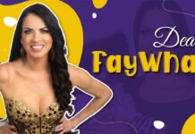 Smiling woman in a gold sequin dress posing with hands on hips on a purple and yellow abstract thumbnail background.