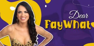 Smiling woman in a gold sequin dress posing with hands on hips on a purple and yellow abstract thumbnail background.