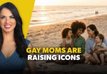Smiling woman on a yellow backdrop beside a beach family with two moms and children; bold overlay reads 'GAY MOMS ARE RAISING ICONS'