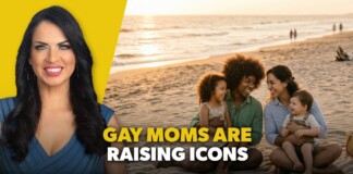 Smiling woman on a yellow backdrop beside a beach family with two moms and children; bold overlay reads 'GAY MOMS ARE RAISING ICONS'