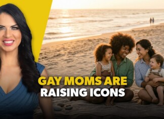 Smiling woman on a yellow backdrop beside a beach family with two moms and children; bold overlay reads 'GAY MOMS ARE RAISING ICONS'