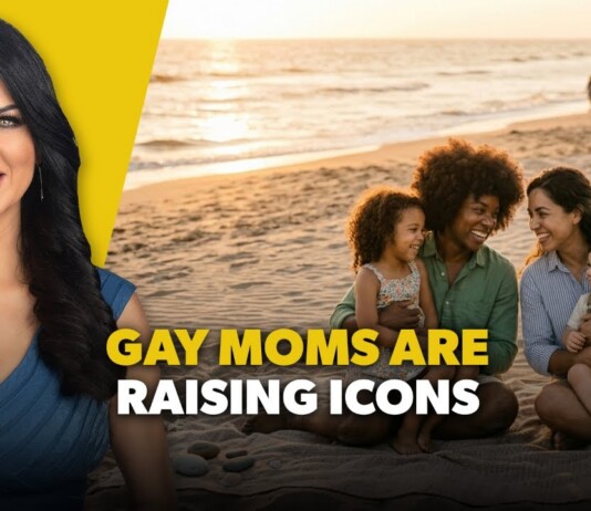 Smiling woman on a yellow backdrop beside a beach family with two moms and children; bold overlay reads 'GAY MOMS ARE RAISING ICONS'