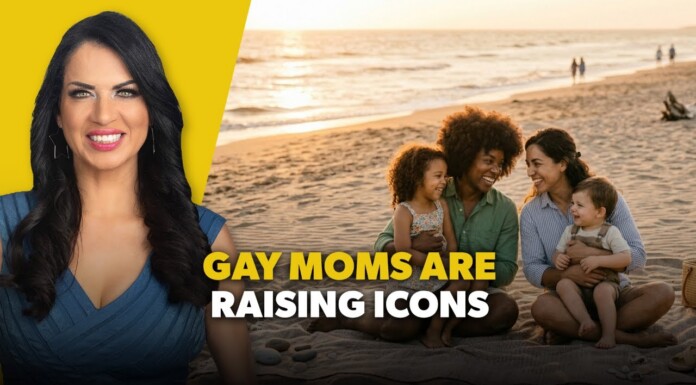Smiling woman on a yellow backdrop beside a beach family with two moms and children; bold overlay reads 'GAY MOMS ARE RAISING ICONS'