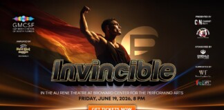 Promotional poster for Invincible showing a muscular man with a red cape, bold title, event date/time and a 'Get Tickets Now' button at the bottom.