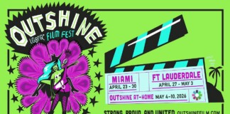 Bright lime poster for OutShine LGBTQ+ Film Fest featuring a bold clapperboard and two costumed characters in front of a purple flowerburst, with event dates and location listed on a ticket.