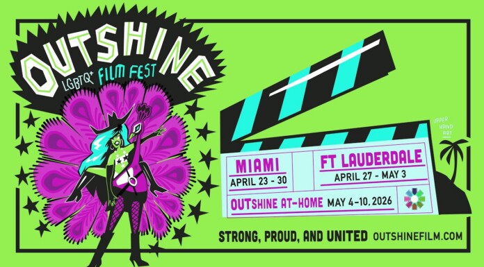 OUTshine LGBTQ+ Film Festival Returns, April 23 – May 10 Bright lime poster for OutShine LGBTQ+ Film Fest featuring a bold clapperboard and two costumed characters in front of a purple flowerburst, with event dates and location listed on a ticket.