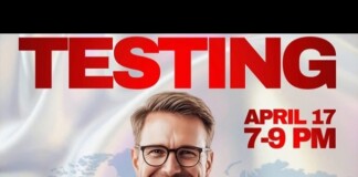 Smiling doctor with glasses in front of a world map, bold red 'TESTING' headline and event details 'April 17, 7-9 PM'.