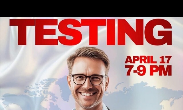 Smiling doctor with glasses in front of a world map, bold red 'TESTING' headline and event details 'April 17, 7-9 PM'.
